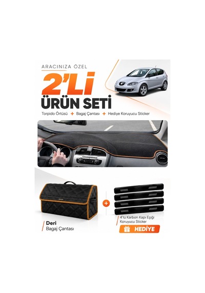 Seat Altea 2010-2015 Uyumlu Torpido Örtüsü + Deri Bagaj Çantası + Sticker Seti - Siyah Kahverengi
