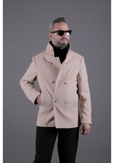 Ohepmoda Yaka Ve Kol Detaylı Erkek Kaşe Kaban Camel