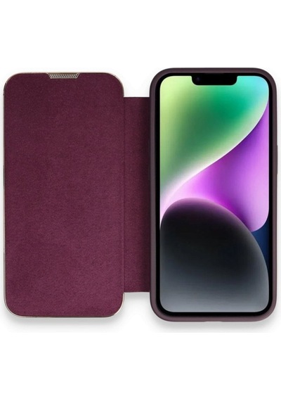 Apple Uyumlu iPhone 14 Pro Max Kapaklı Kılıf Parmak Izi Bırakmaz Dışı Deri Içi Süet Tasarım Derin Mor