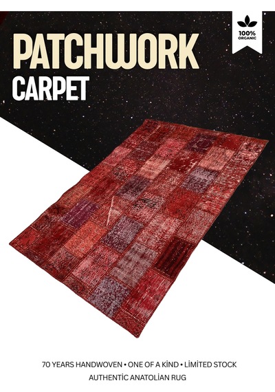 Modern Bohem Stil Vintage Halı Özel Tasarım Kırmızı Patchwork Koleksiyonu Kırmızı