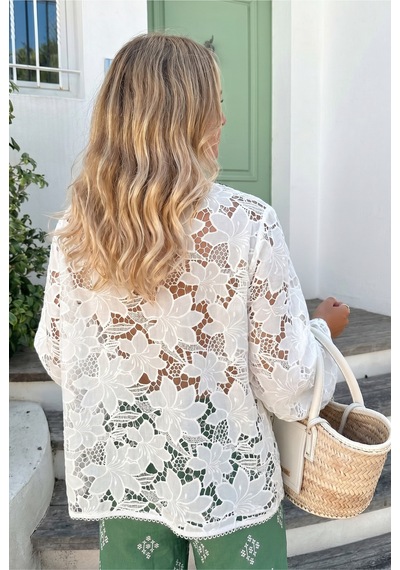 Femelle Kadın Beyaz Çiçek Desenli Dantel Kimono Ceket
