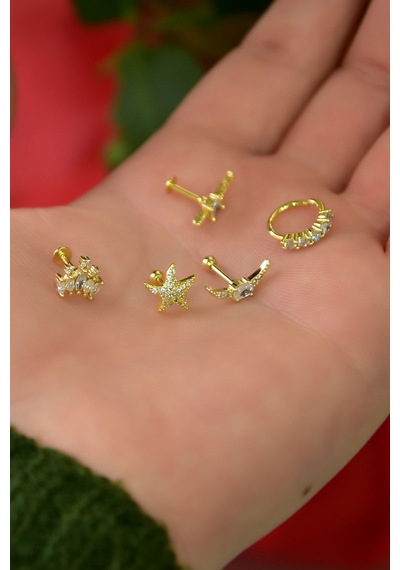 Çelik Sarı 5'li Kombinli Tragus Küpe Model18 Sarı
