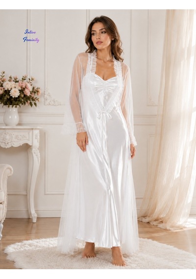 İntive Lingerie Intive Rebecca Ekru Renk Tül Uzun Sabahlıklı Saten Gecelikli Femi