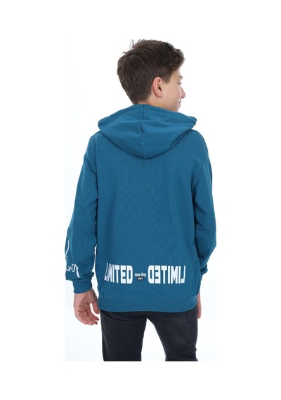 Toontoy Kids Toontoy Erkek Çocuk Oversize Kapüşonlu Cepli Düşük Omuz Baskılı Sweatshirt - 2 İplik Petrol Mavi