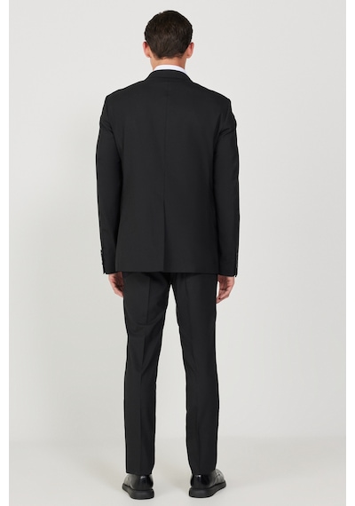 Ac&co Erkek Sıyah Yünlü Slim Fit Mono Yaka Kapak Cepli Takım Elbise Siyah