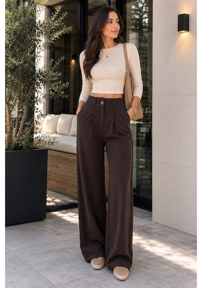 Unika Boutique Kadın Yüksek Bel Pileli Düğme Detaylı Bol Kesim Likralı Palazzo Kumaş Pantolon siyah