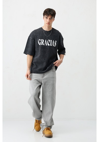 Vamos Oversize Baskılı Tişört V70-143 Siyah