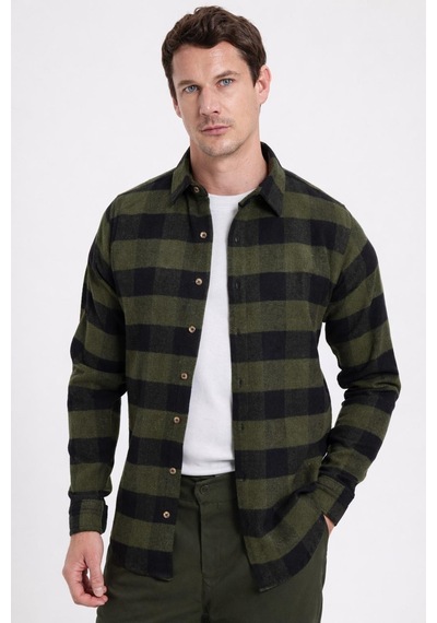 Tudors Erkek Slim Fit Dar Kesim Kareli Kışlık Oduncu Gömlek-42354 Haki