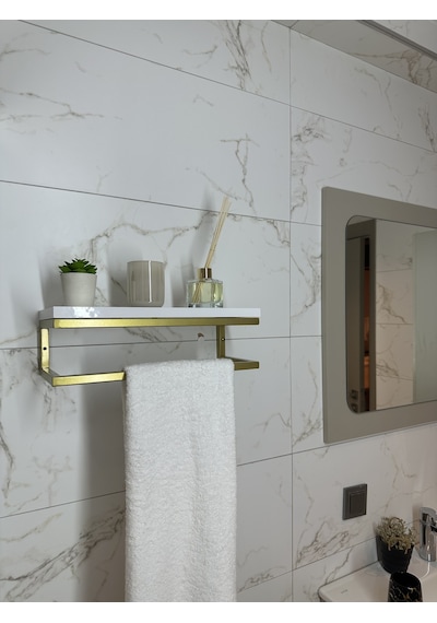 lyla concept Fulya Banyo Ahşap Raflı Gold Metal Havlu, Şal Askılık Beyaz Raf Gold