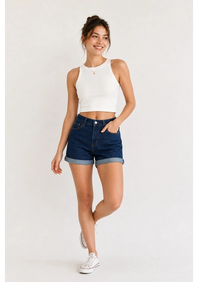 Layal My Beauty Kadın Jeans Kot Şort Ters Paça Detaylı Yüksek Bel Esnek Günlük Denim Kot Şort Yeni Sezon New1 Lacivert