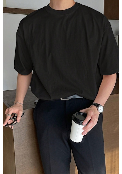 Genius Store Erkek Oversize Tişört Pamuk Kumaş Bisiklet Yaka Rahat Kalıp T-shirt Siyah