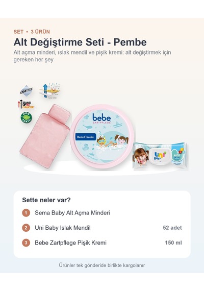 Alt Değiştirme Seti 3 Parça: Alt Açma Minderi + Islak Mendil + Pişik Kremi - Pembe