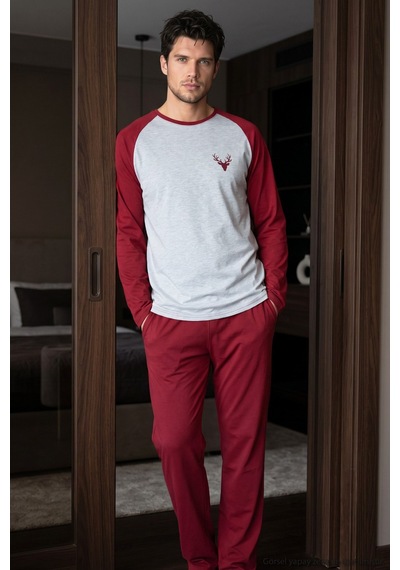 Siyah İnci Nakışlı Pamuklu Likralı Örme Pijama Takım 26241802 bordo