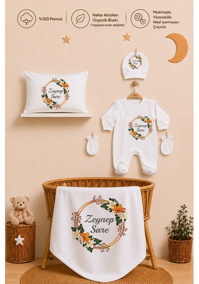 Pia Baby Kız Bebek Hastane Çıkışı Tulum Seti %100 Pamuk İsimli Organik Baskı Yastık Kılıfı Ve Battaniye 1118tyb3x Ekru