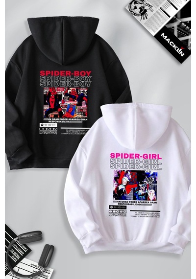 Macklin Sevgili Çift Kombin Spider Boy Ve Girl Sırt Baskılı Özel Tasarım Kapüşonlu Sweatshirt 2li Set Takım Siyah Beyaz Mck1167 Çok Renkli