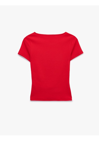 Koton Pamuklu Slim Fit Kayık Yaka Kısa Kollu Drapeli Tişört Kırmızı 7wal10350ık
