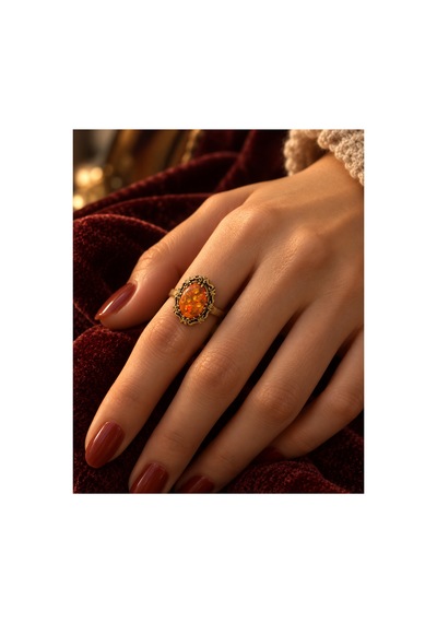 Esoo Jewelry Kehribar Taşlı Vintage Oval Ayarlanabilir Yüzük Antik Pirinç Kadın Gold