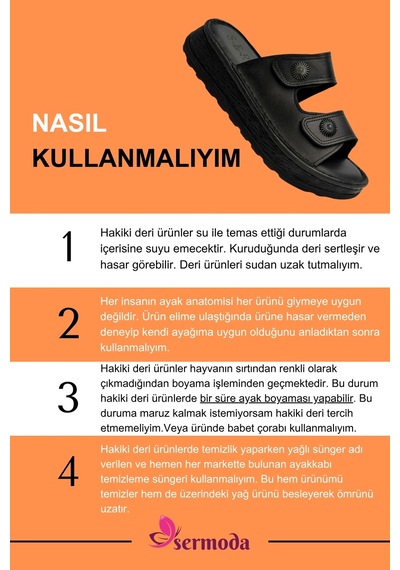 Sermoda Hakiki Deri Kadın Terlik - Yumuşak Kalın Tabanlı Hakiki Deri Çift Cırtlı Kadın Terlik Siyah