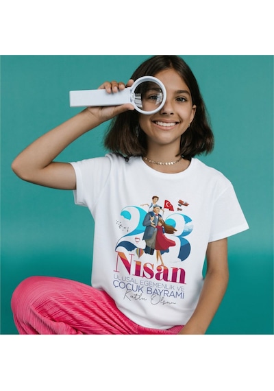 Alpşan Ticaret 23 Nisan Baskılı Unisex Çocuk/yetişkin Tişört Çift Taraflı Baskı Çocuk Bayramı T-shirt 37 Beyaz