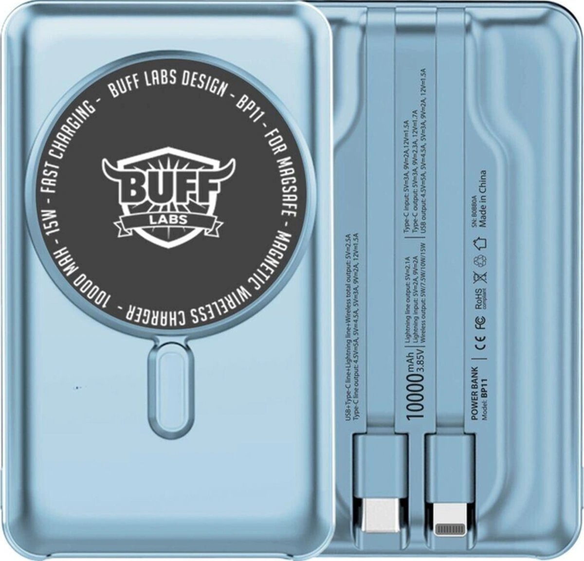Buff Bp11 10000mah Magsafe Uyumlu Dahili Kablolu Powerbank Blue-18854 Düz