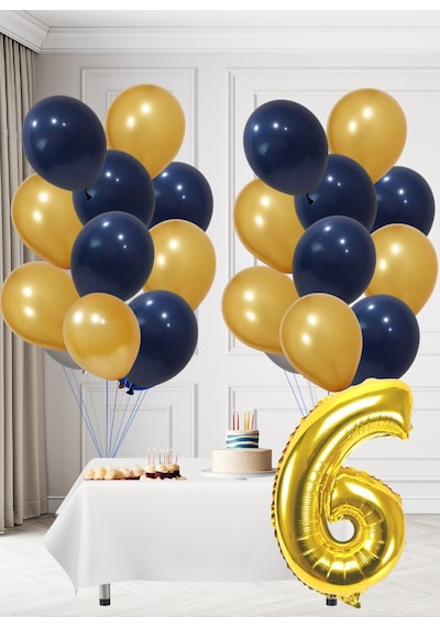 6 Yaş Sarı Lacivert Taraftar Temalı Doğum Günü Seti Altın Kozmik Lacivert Balonlar Altın Folyo Rakam Altın