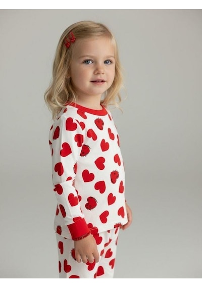 Zekids Kız Bebek Pamuklu Kalp Desenli Pijama Takımı-16850 Kırmızı