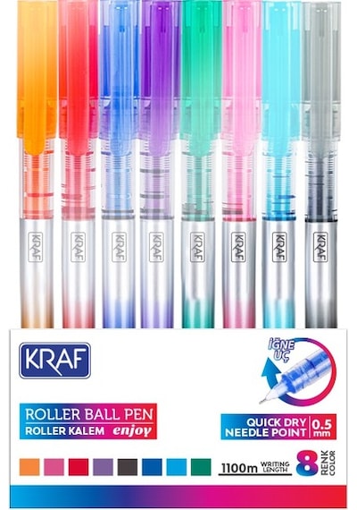 Kraf Enjoy İğne Uçlu 0.5mm Roller Kalem 8 Renk Set Çok Renkli