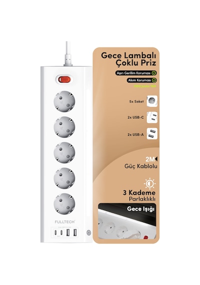 Fulltech FTR-26 Akım Korumalı Priz Beyaz 9’lu (5 Priz + 2 USB-A + 2 USB-C) 3680W 16A, 2 Metre Kablolu, Gece Lambalı Çoklu Priz -