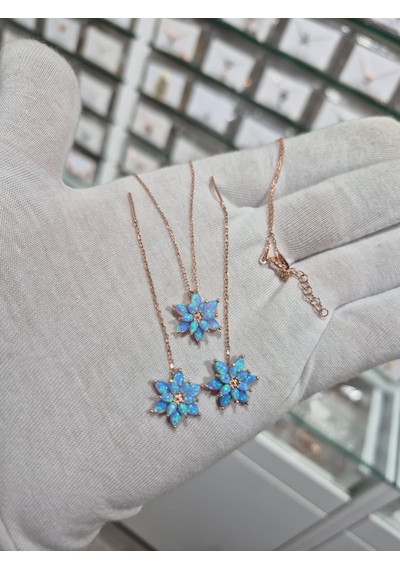 925 Ayar Turkuaz Opal Küpe Kolye Set Opal Takım Manolya Set.rose.gold.rodaj Opal Gümüş