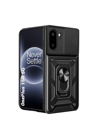 Oneplus 15r / Ace 6 İle Uyumlu Qubec Serisi Kamera Kapaklı Yüzük Standlı Kılıf-al5117 Siyah