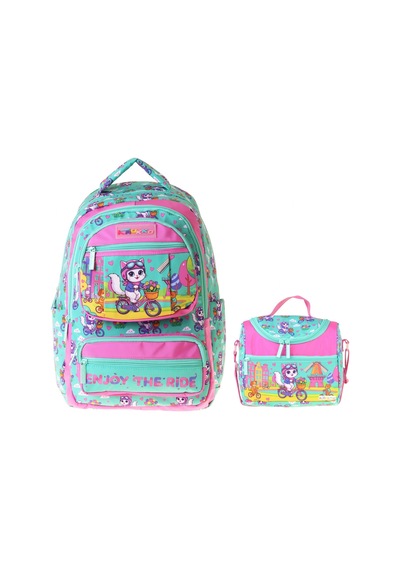 Kaukko Kids Cat Bike Kız Çocuk Yeşil - Pembe İlkokul Sırt Çantası Ve Beslenme Çanta Seti - Setkk-l5328b Çok Renkli