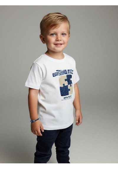 Zekids Erkek Bebek Yapboz Baskılı Pamuklu Kısa Kollu T-shirt-16930 Beyaz