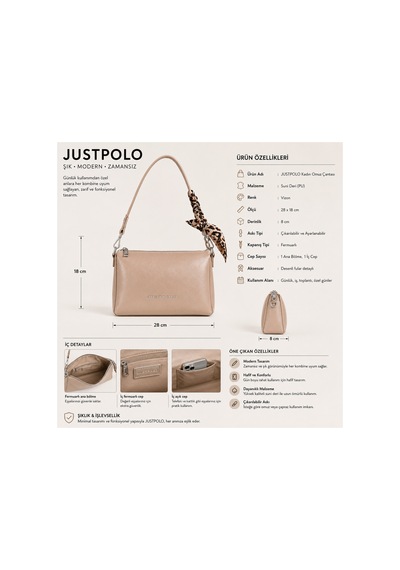 Just Polo Kadın Yeni Sezon Yumuşak Deri Şal Detaylı Ayarlanabilir Askılı Şık El Ve Omuz Çantası Shopper Kum