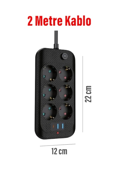 Exenar - Siyah - Yüksek Akım Korumalı 6 Lı Grup Priz Kablolu 2m Priz 2 Usb-a 1 Type-c Girişli Fiş 2 Metre Kablolu 2 M