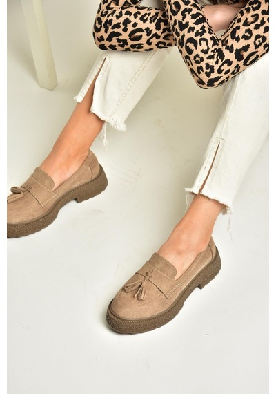 Fox Shoes T996193002 Vizon Süet Kalın Tabanlı Makosen Ayakkabı Vizon