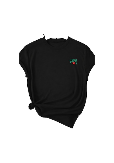 Spoyi Strawberry Bow Tasarımlı %100 Pamuk Yarım Oversize Siyah T-shirt