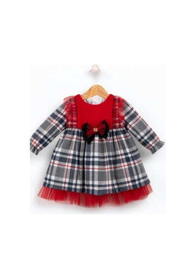 Cantoy Kız Bebek Ekose Desenli Kırmızı Tasarım Elbise-15219 Kırmızı