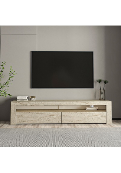 Batı LED Işıklı 2 Kapaklı TV Sehpası – 150 cm – Minimal Tasarım, Traverten