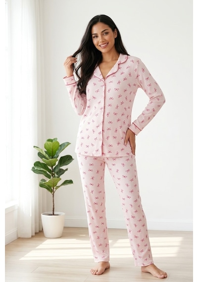 Aura Collections Kadın Pembe Çiçek Desenli Bambu Viskon Uzun Kollu Soft Örme Pijama Takımı
