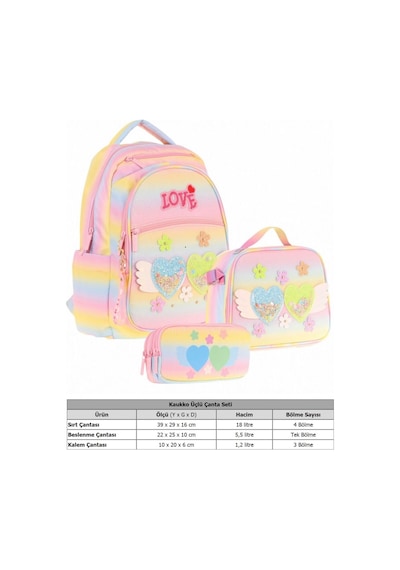 Kaukko Kids Kız Çocuk Simli Kalp Ve Çiçek Detaylı İlkokul 1.2.3.4. Sınıf Üçlü Okul Çanta Seti Sarı - Pembe