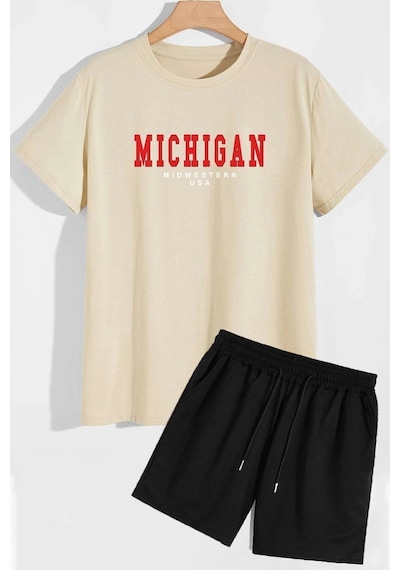 Uyguntarz Michigan Şort T-shirt Eşofman Takımı Bej