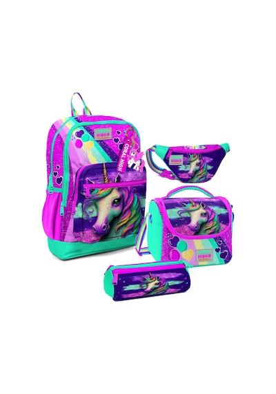 Coral High Kız Çocuk Pembe Su Yeşili Unicorn Desenli İlkokul Okul Çanta Seti Ve Bel Çantası
