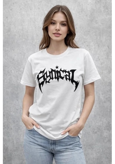 Vexor Bisiklet Yaka Ön Baskılı Kısa Kollu Tişört Streetwear Günlük Basic Pamuklu T-shirt - Beyaz
