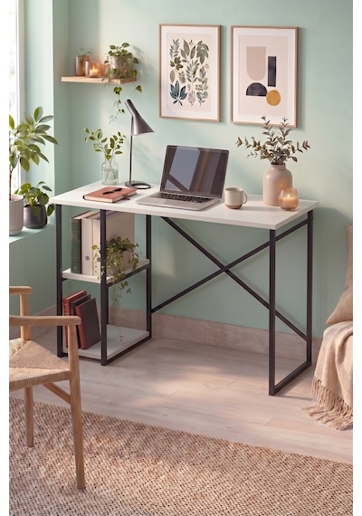 110x50 Cm 2 Raflı Çalışma Masası Bilgisayar Masası Ofis Masası Ders Masası Ümit Beyaz