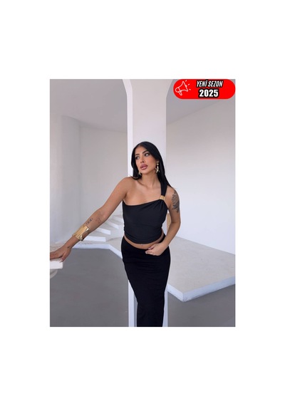 Stilvibe Tek Omuz Tokalı Sandy Bluz Siyah