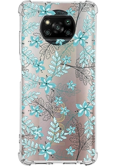 Xiaomi Poco X3 Pro Köşe Korumalı Antişok Kapak Floral Su Yeşili Tasarımlı Şeffaf Silikon Kılıf