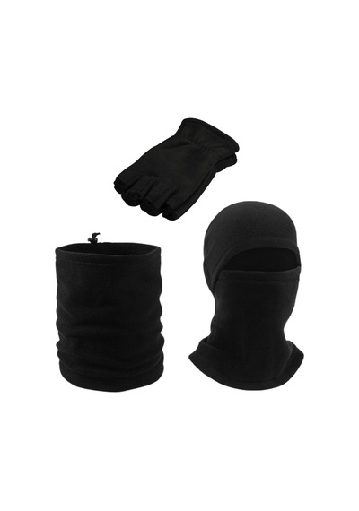 Axe Sportswear Parmaksız Kesik Polar Eldiven - İpli Boyunluk - Kar Maskesi Siyah