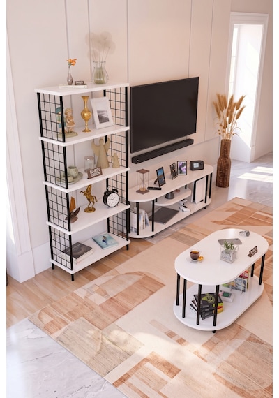 Salon Oturma Odası Takımı Metal Ayaklı Tv Ünitesi Kitaplık Orta Sehpa Avantajlı Mobilya Seti Beyaz Salon Oturma Odası Takımı Metal Ayaklı Tv Ünitesi Kitaplık Orta Sehpa Avantajlı Mobilya Seti Beyaz