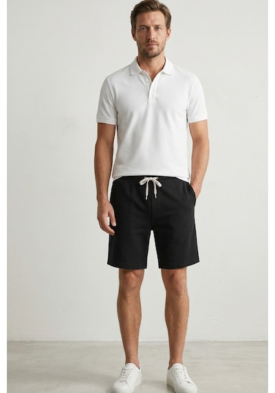 Elemge Pamuklu Erkek Siyah Casual Şort Yan Cepli Bağcıklı Regular Fit Boru Paça Günlük Bermuda 2 Iplik