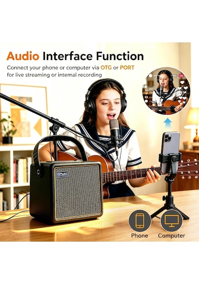 Coolmusic 30 W Akustik Elektro Gitar Amplifikatörü, Bt Taşınabilir Gitar Amplifikatörü, Mikrofon Girişli Hoparlör, Bas, Ses Seviyesi Desteği, Yükseklik Ayarı, Reverb-efekti